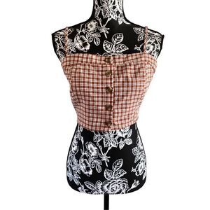 Lottie Moss Gingham Crop Top Spaghetti Straps Buttons Coastal Summer Beach